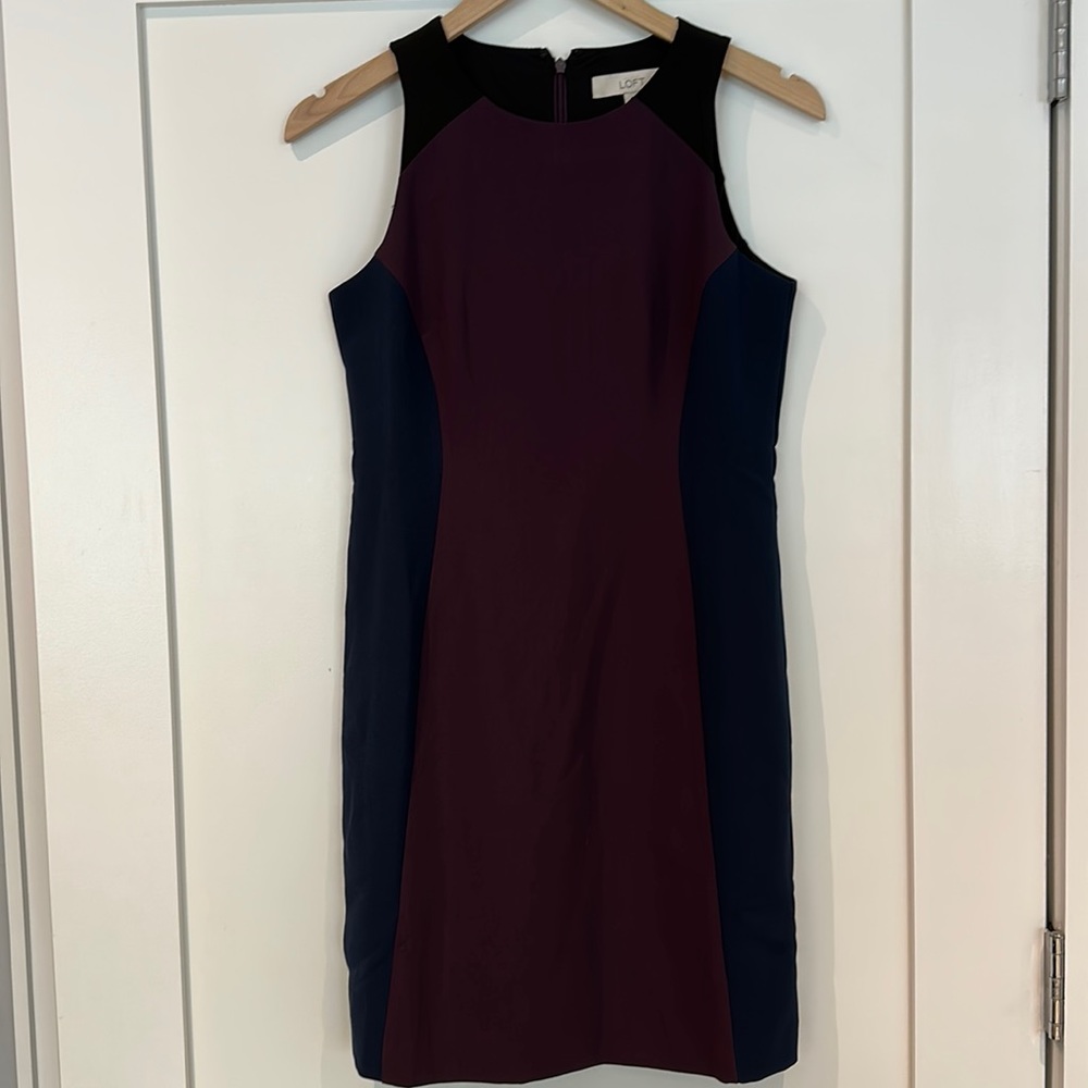 Purple, navy, and black petite dress from LOFT.